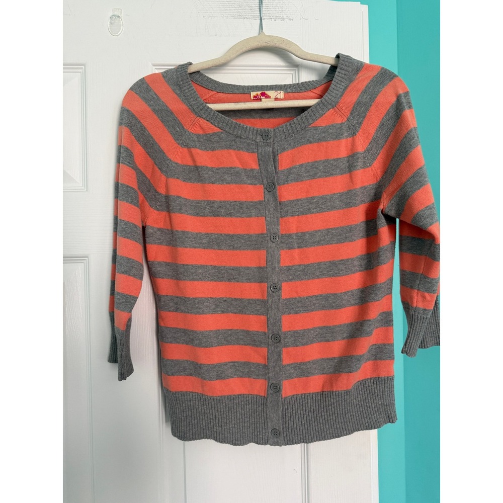Forever 21 Striped Cardigan Sweater Orange Gray Button Up 3/4 Sleeve Large